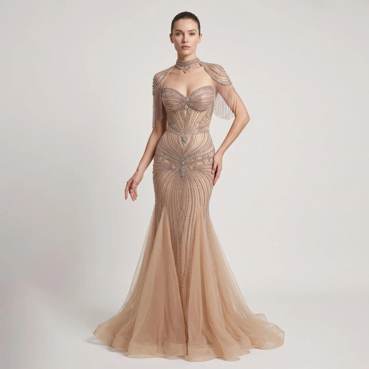 Luxury Champagne Beaded Crystal Evening Dress with Tassel Shoulder SS021