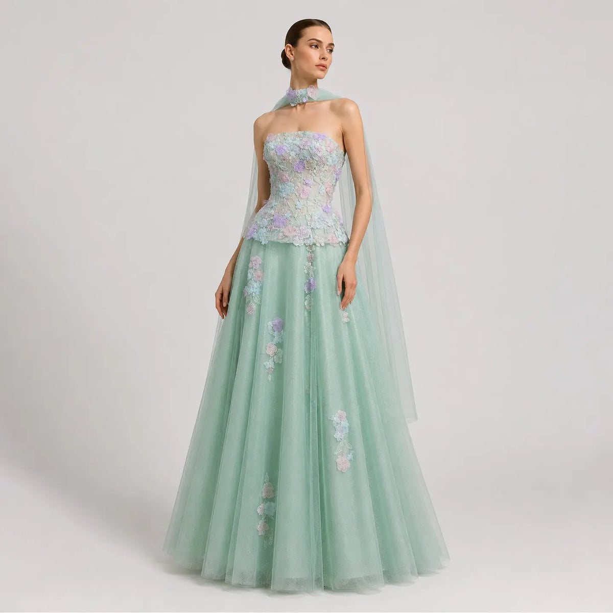 Luxury Sage Green Floral Applique Evening Dress with Scarf SS755