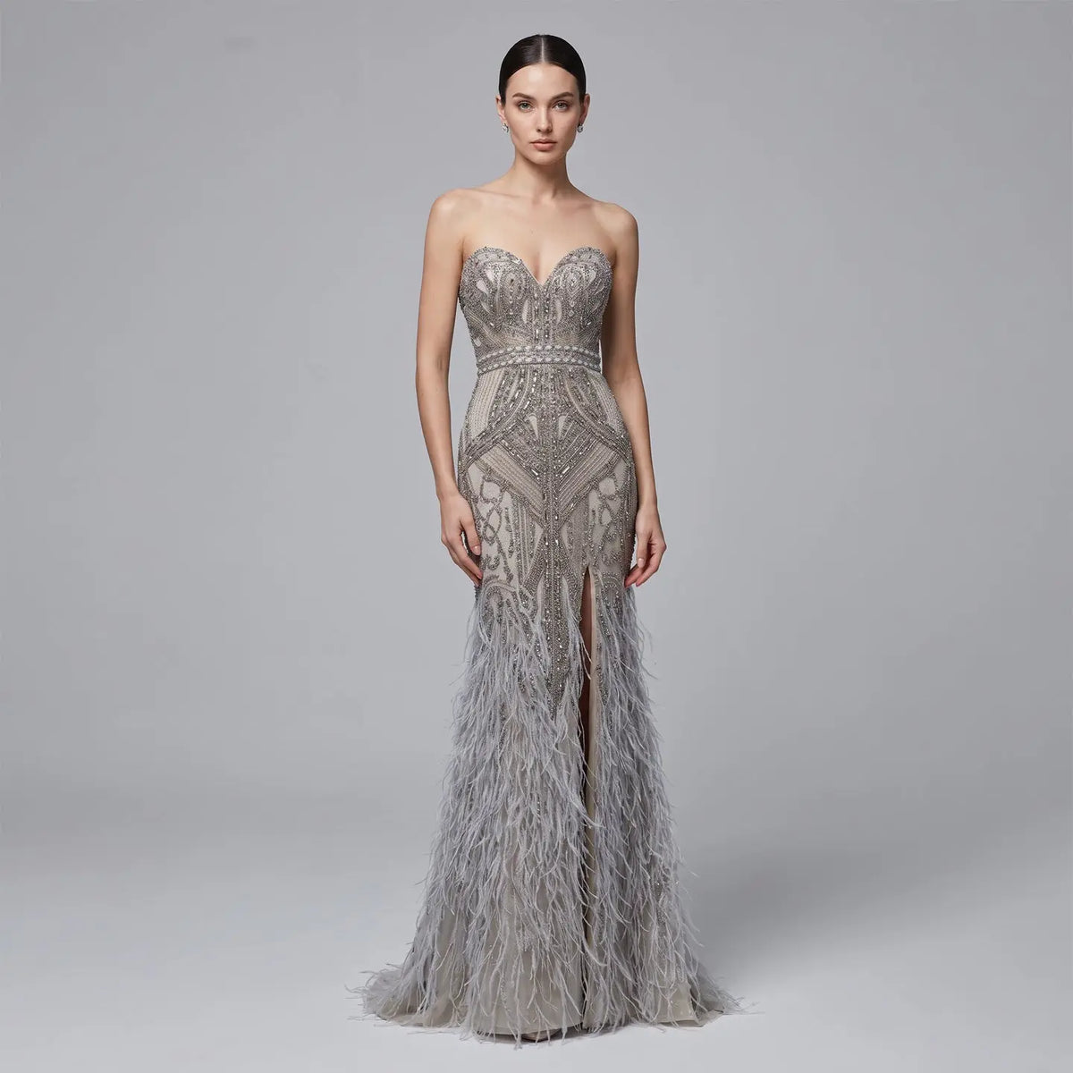 Elegant Silver Gray Strapless Beaded Feather Trim High Slit Evening Dress SS791