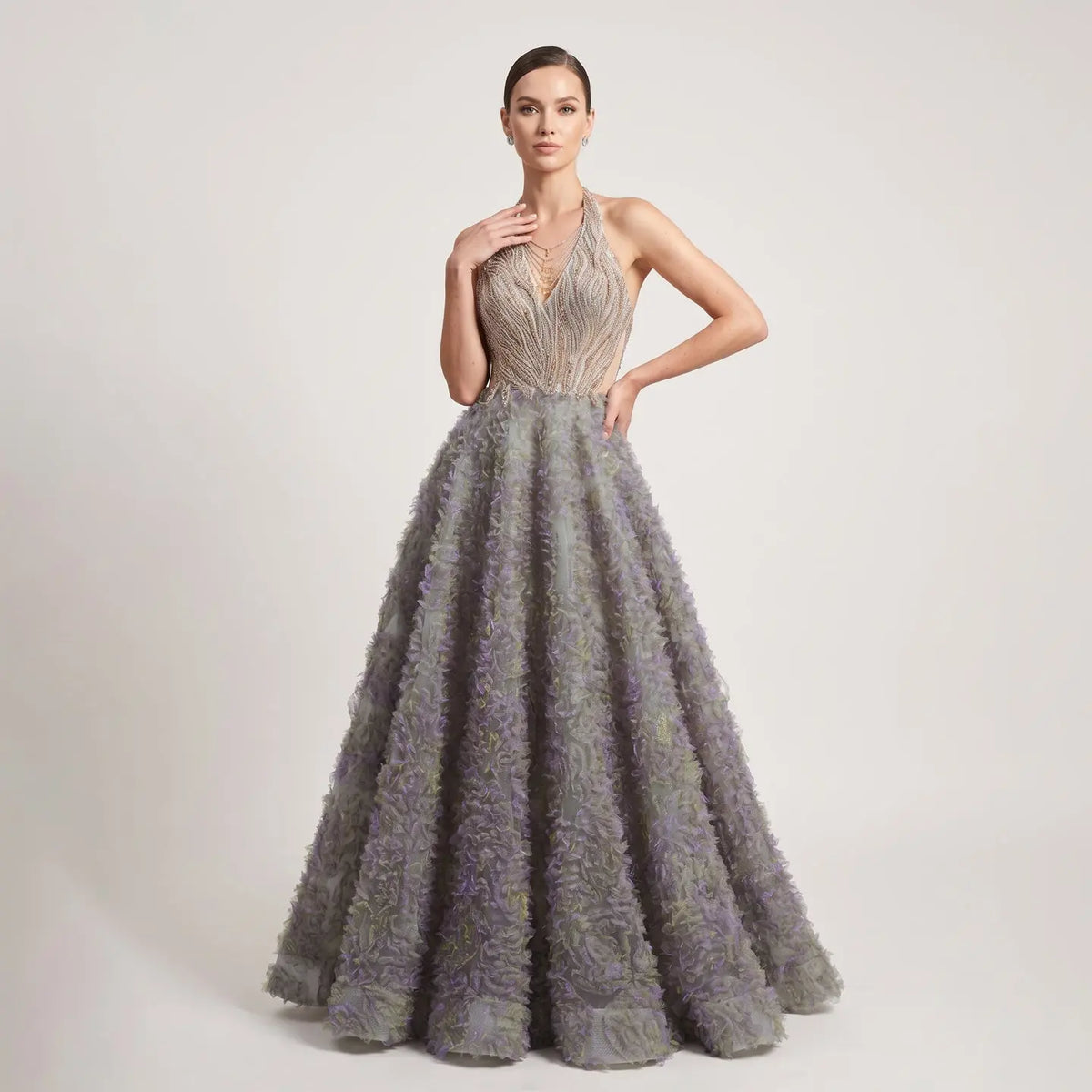 Luxury Gray Green Gradient Beaded Spaghetti Strap Evening Dress SS735