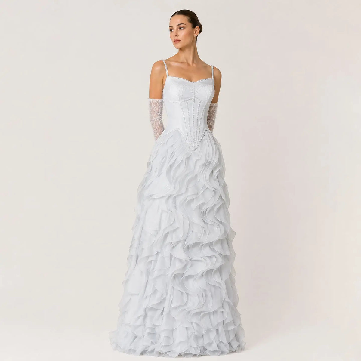 Gray Ruffle Cascade Prom Dress Spaghetti Strap Corset Ball Gown Evening Dress SS672