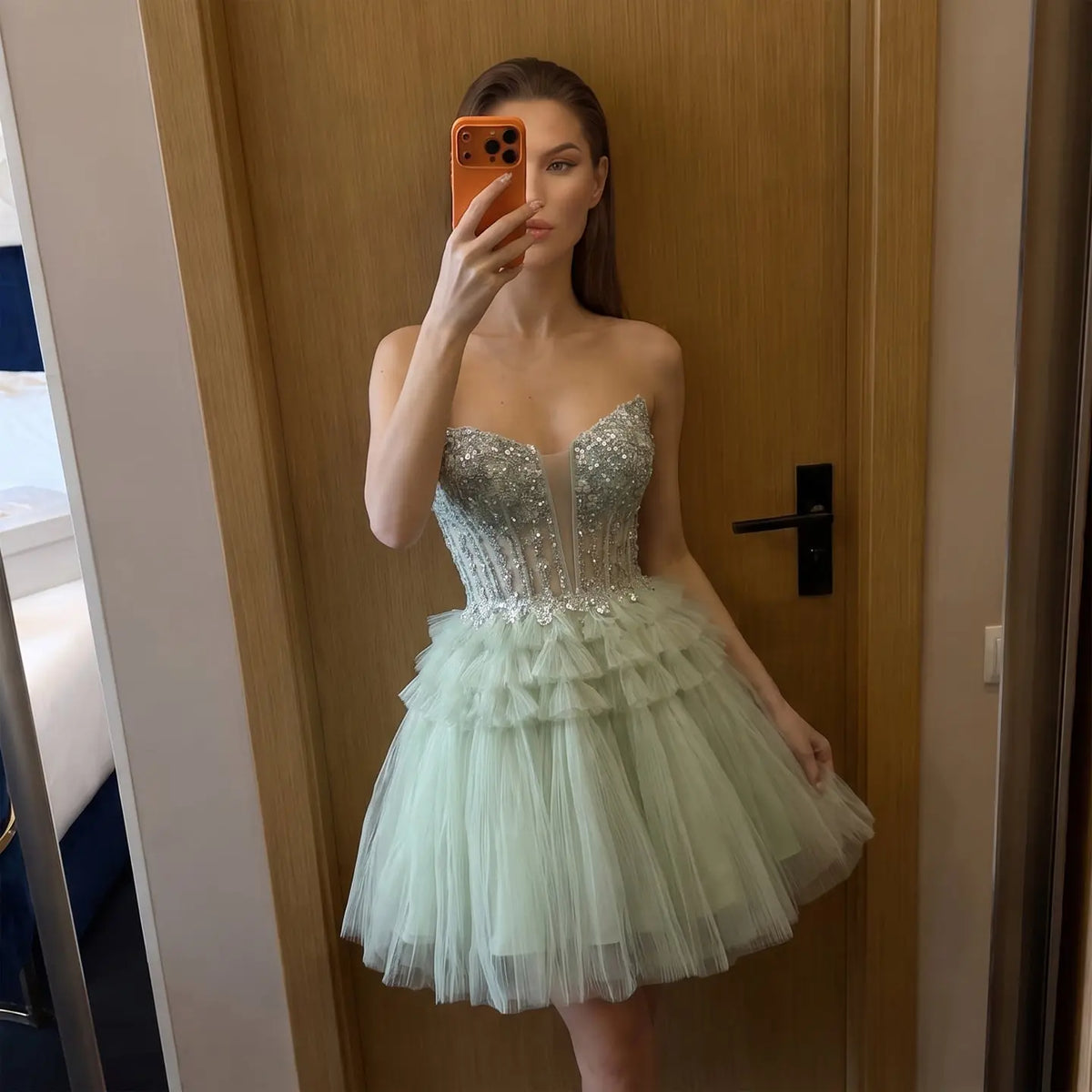 Elegant Green Strapless Deep V Rhinestone A-Line Homecoming Dress RM137