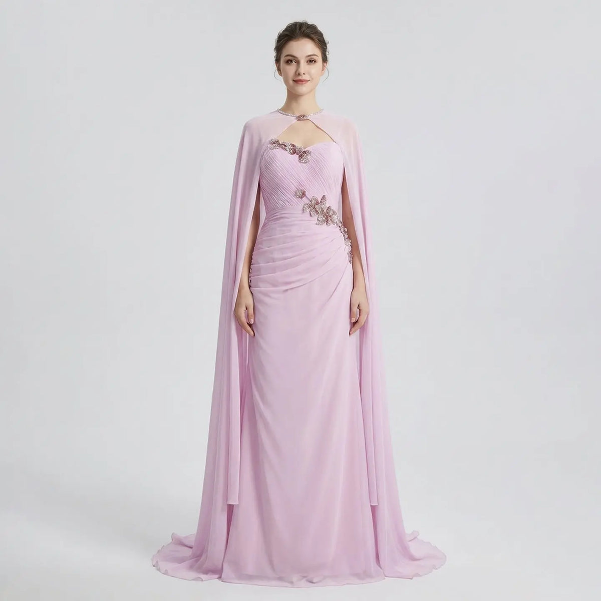 Romantic Pink Evening Dress with Cape Overlay and Sparkling Floral Appliqués SF223