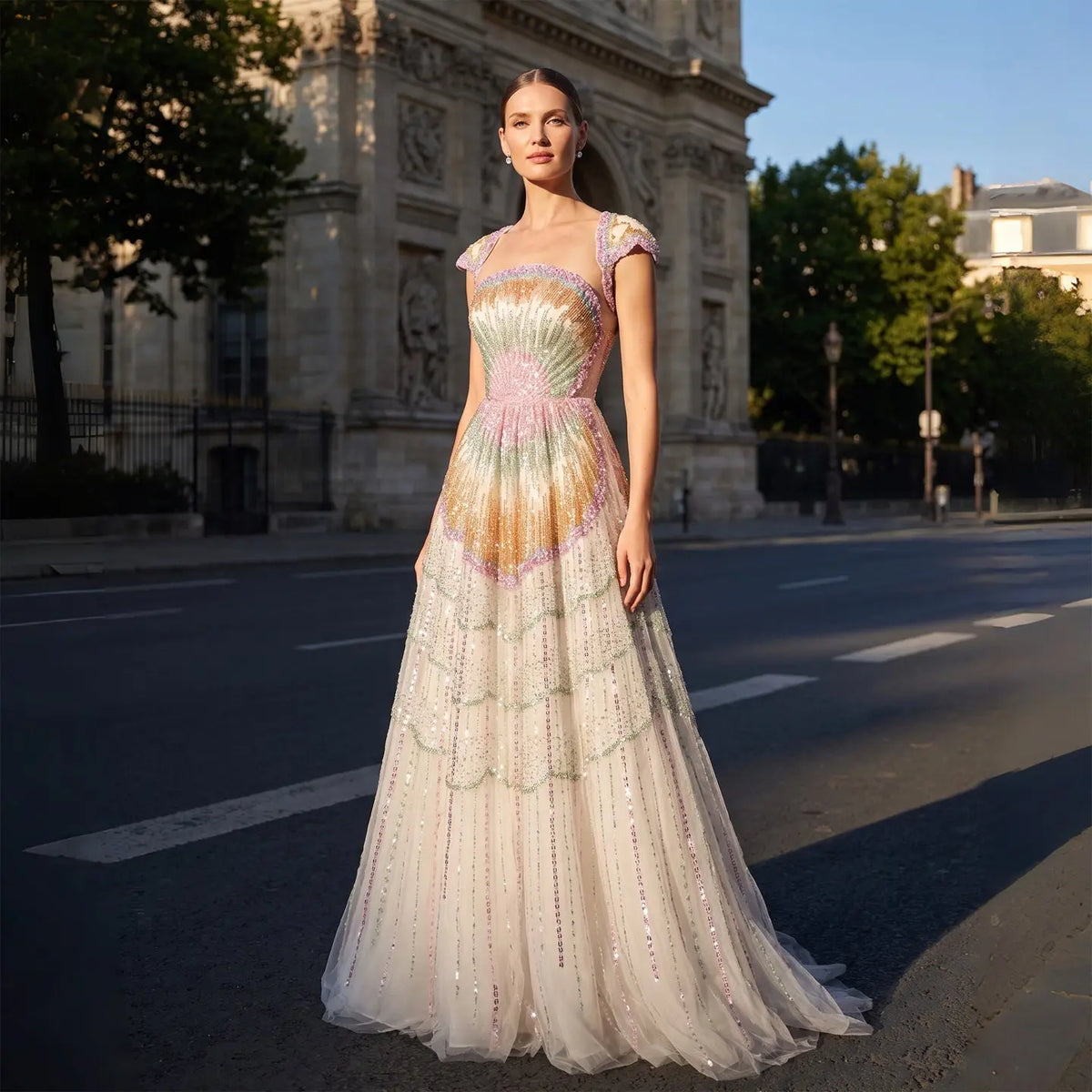Luxury Ombre Beaded Shell Ball Gown Evening Dress with Cap SS296
