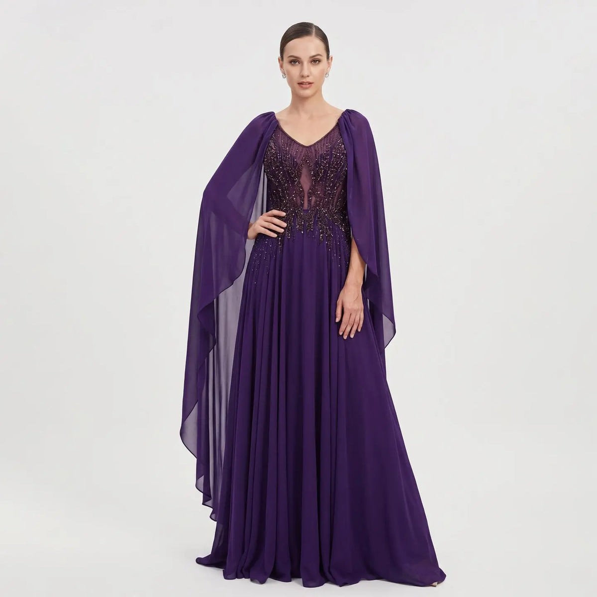 Luxury Purple V-Neck Beaded Chiffon Evening Dress with Cape Sleeves SS053