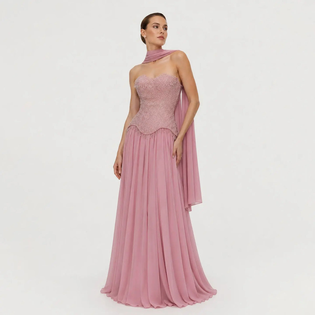 Elegant Pink Beaded Sweetheart Chiffon Evening Dress with Scarf SS434