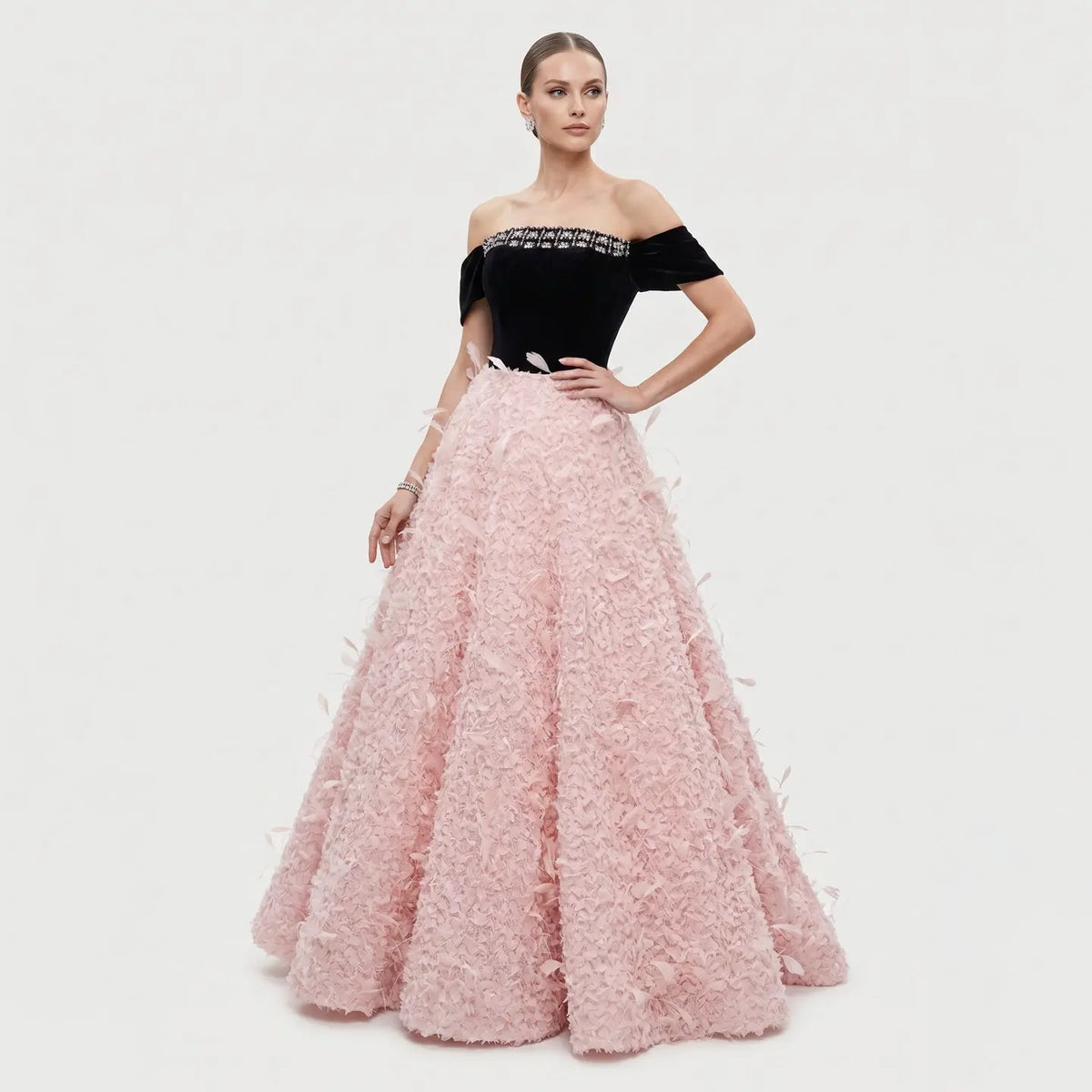 Luxury Black and Pink 3D Floral Feather Strapless Evening Dress SS721-1