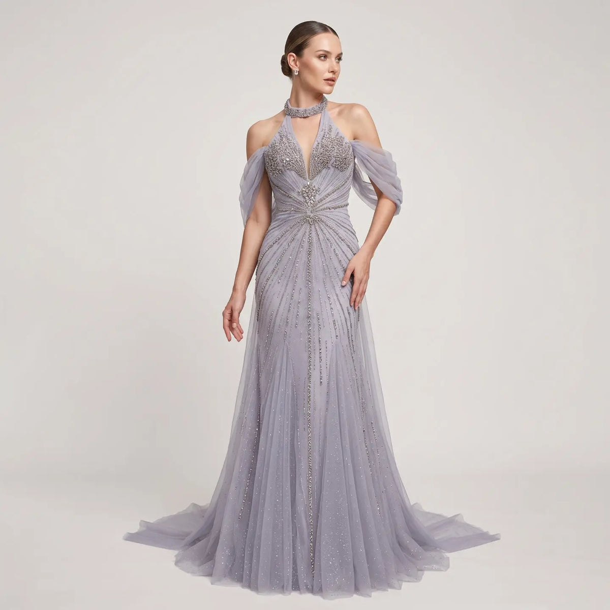 Luxury Turquoise Beaded Deep V Fitted Mermaid Evening Dress with Cap SS727