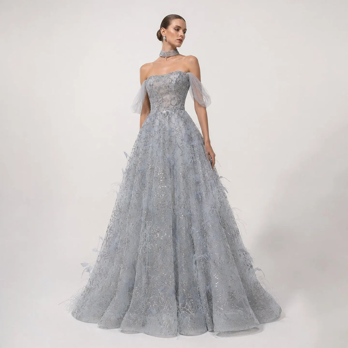 Luxury Gray Feather Lace Beaded Off-the-Shoulder Train Evening Dress SS738