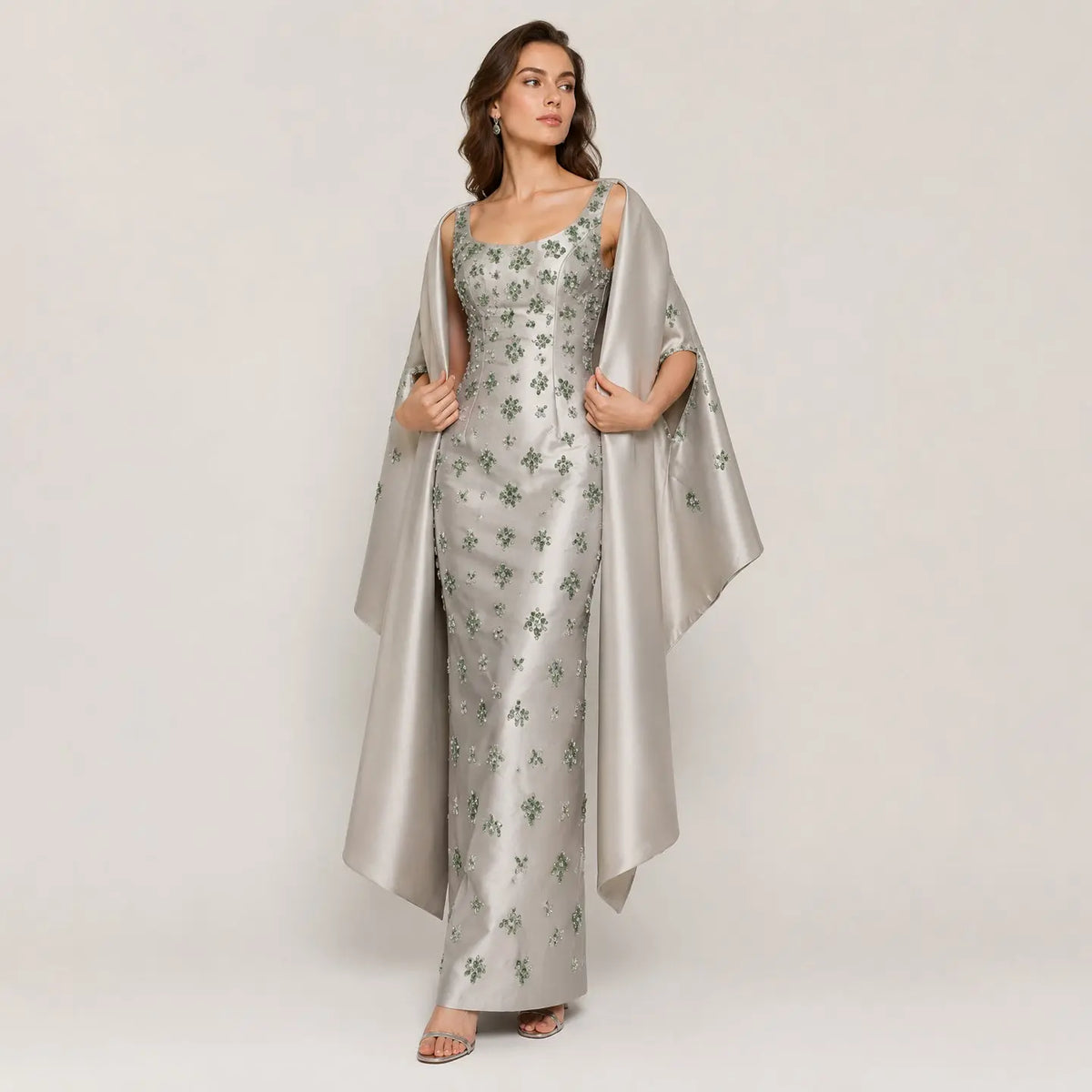 Chic Sage Green 3D Floral Beaded Evening Dress with Cape SS536