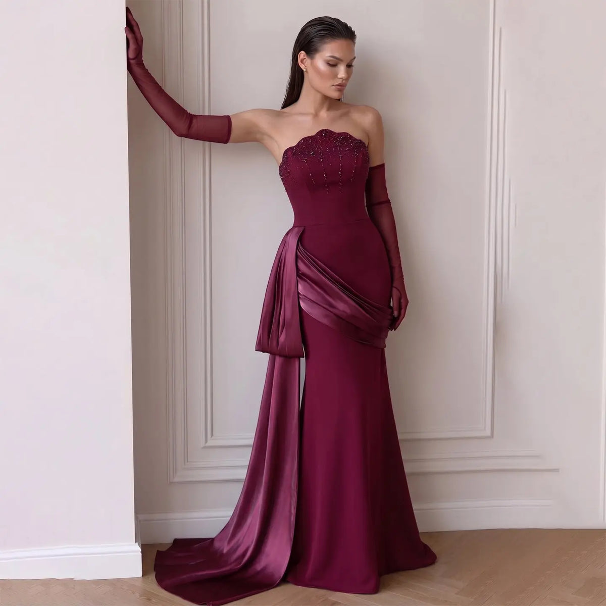 Romantic Burgundy Strapless Beaded Evening Dress with Statement Satin Draped Train SS608