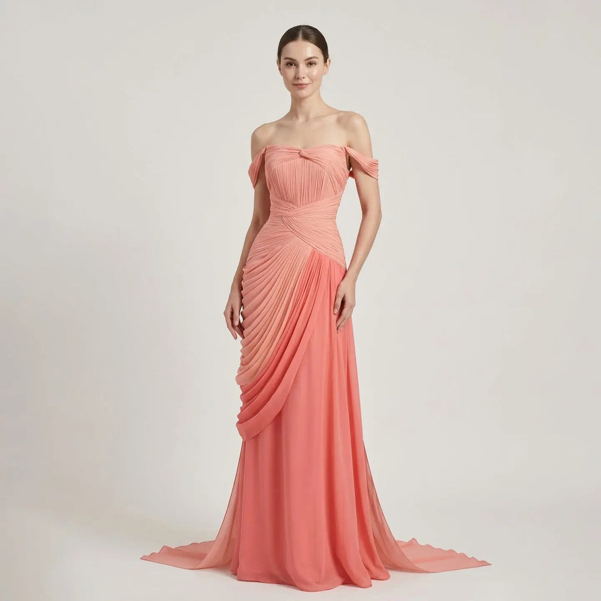 Glamorous Coral Off-the-Shoulder Evening Dress with Ombre Pleated Detail SF424