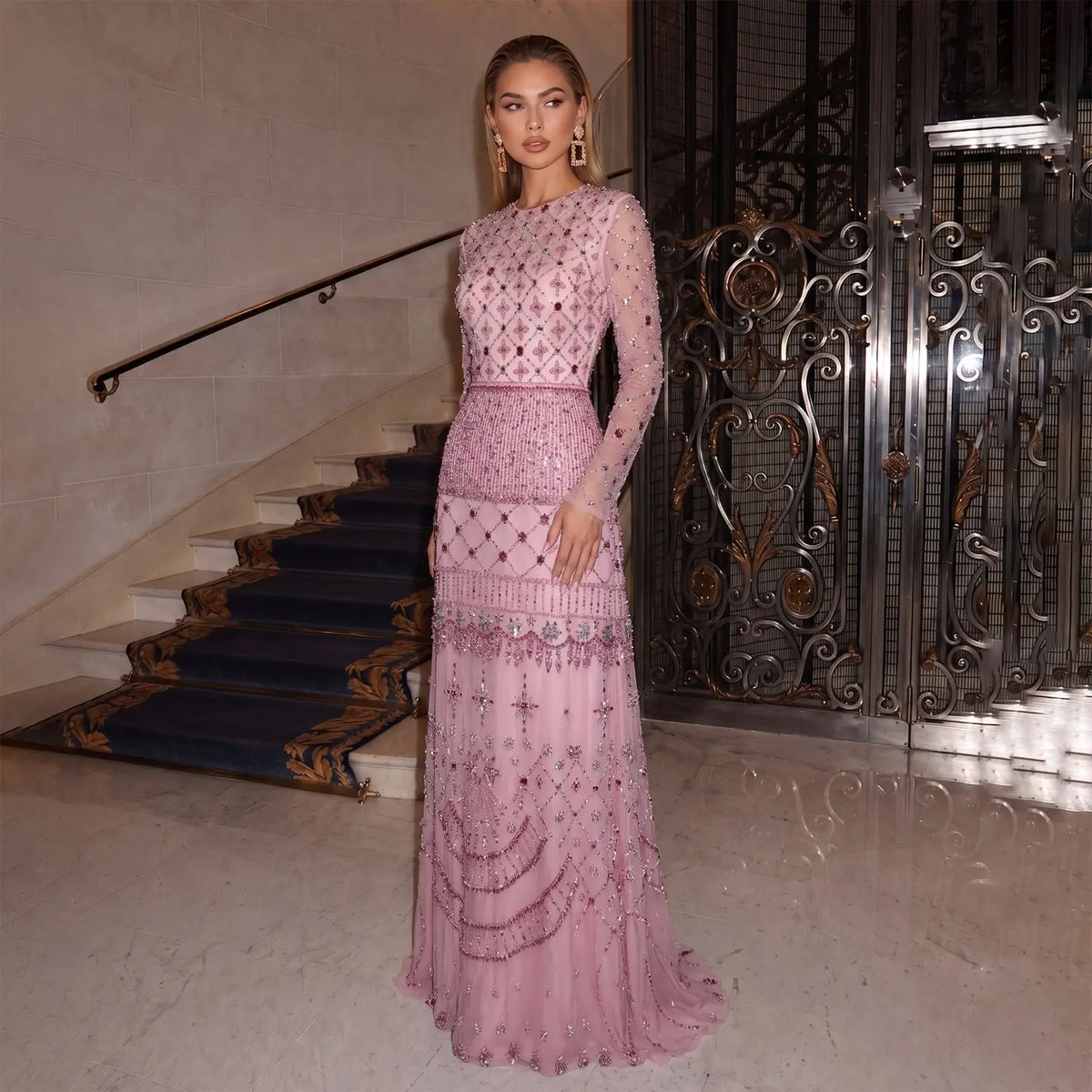 Luxury Pink Crystal Beaded Long Sleeve Embroidered Evening Dress SS220