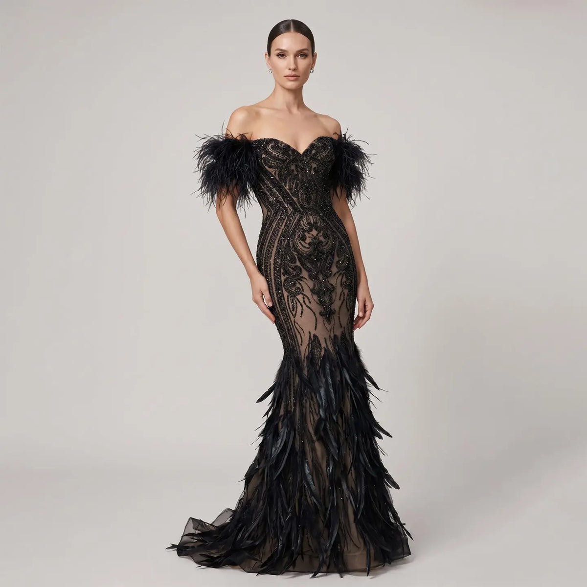 Glamorous Black Beaded Off-the-Shoulder Feather Mermaid Evening Dress SS792