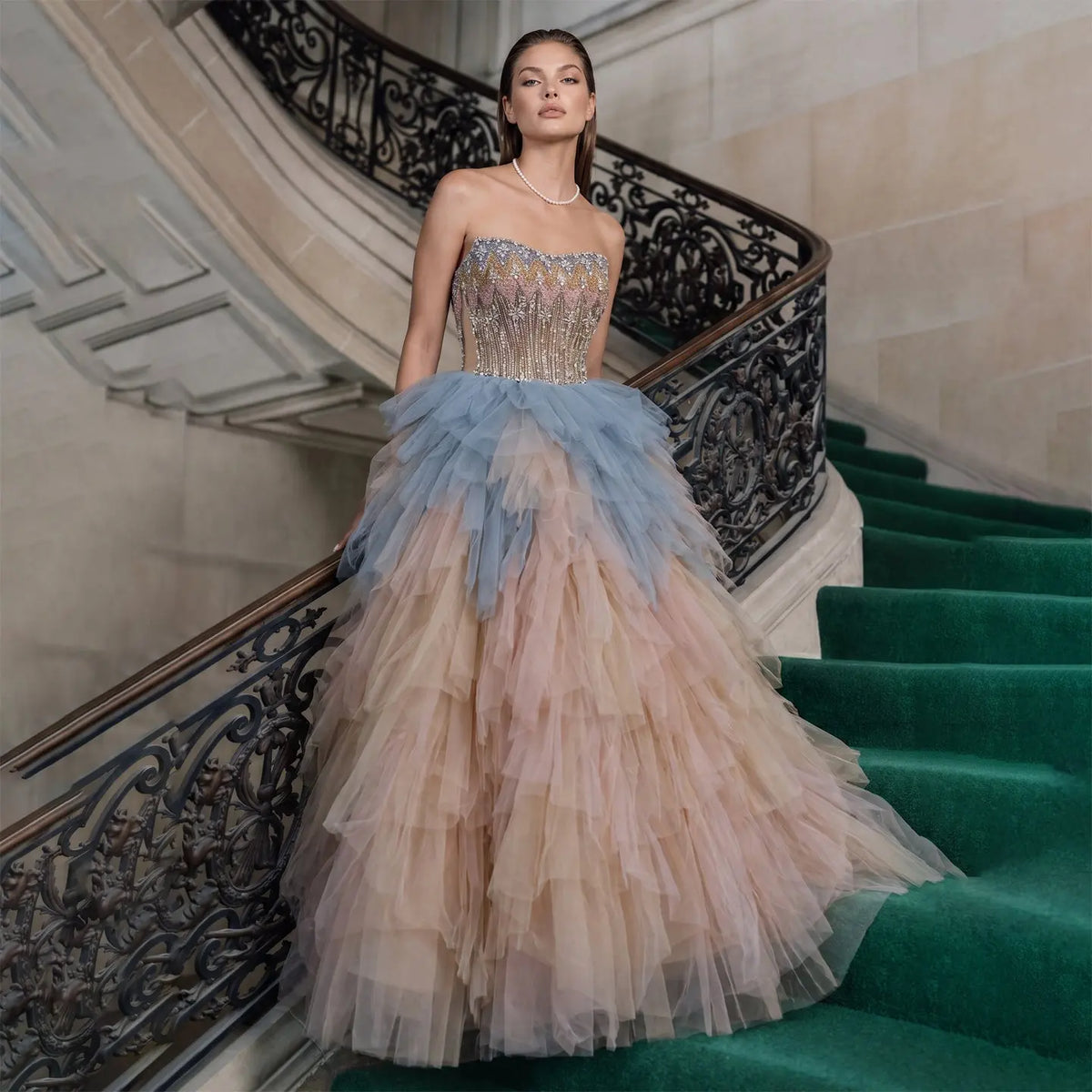 Luxury Rose Gold Ruffles Ball Gown Evening Dress SS731