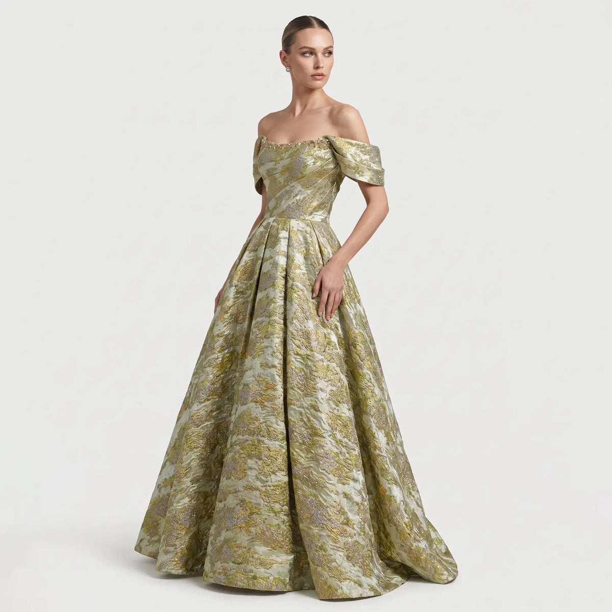 Luxury Gold Jacquard Off-the-Shoulder Ball Gown Satin Evening Dress SS742