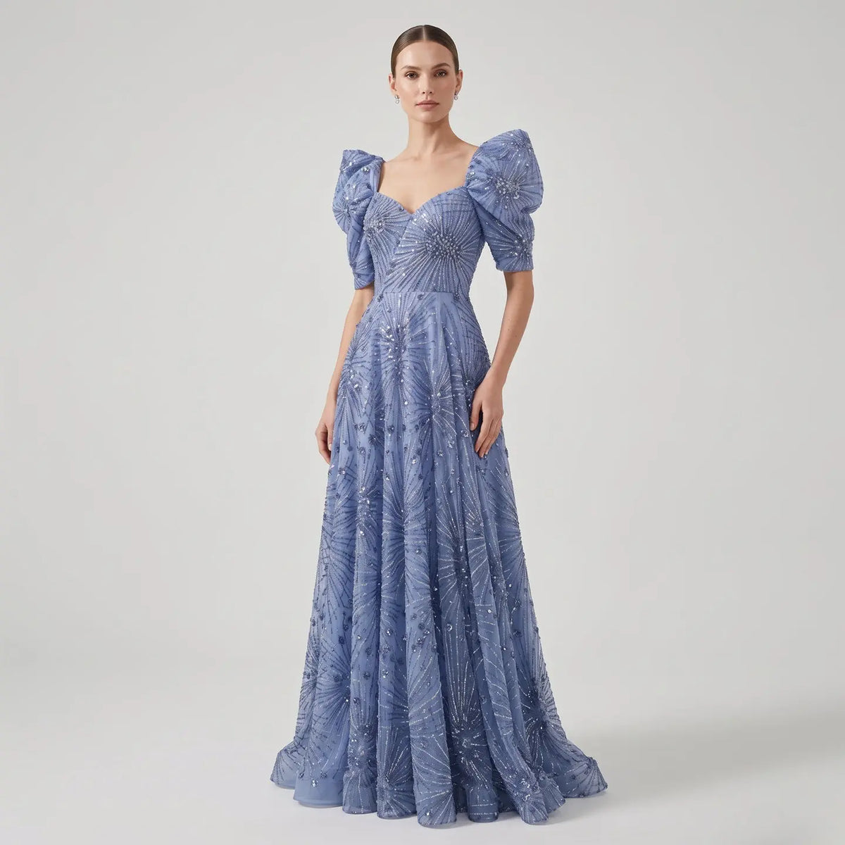 Glamorous Blue Puff Sleeve Sweetheart Neck Beaded Evening Dress SS080