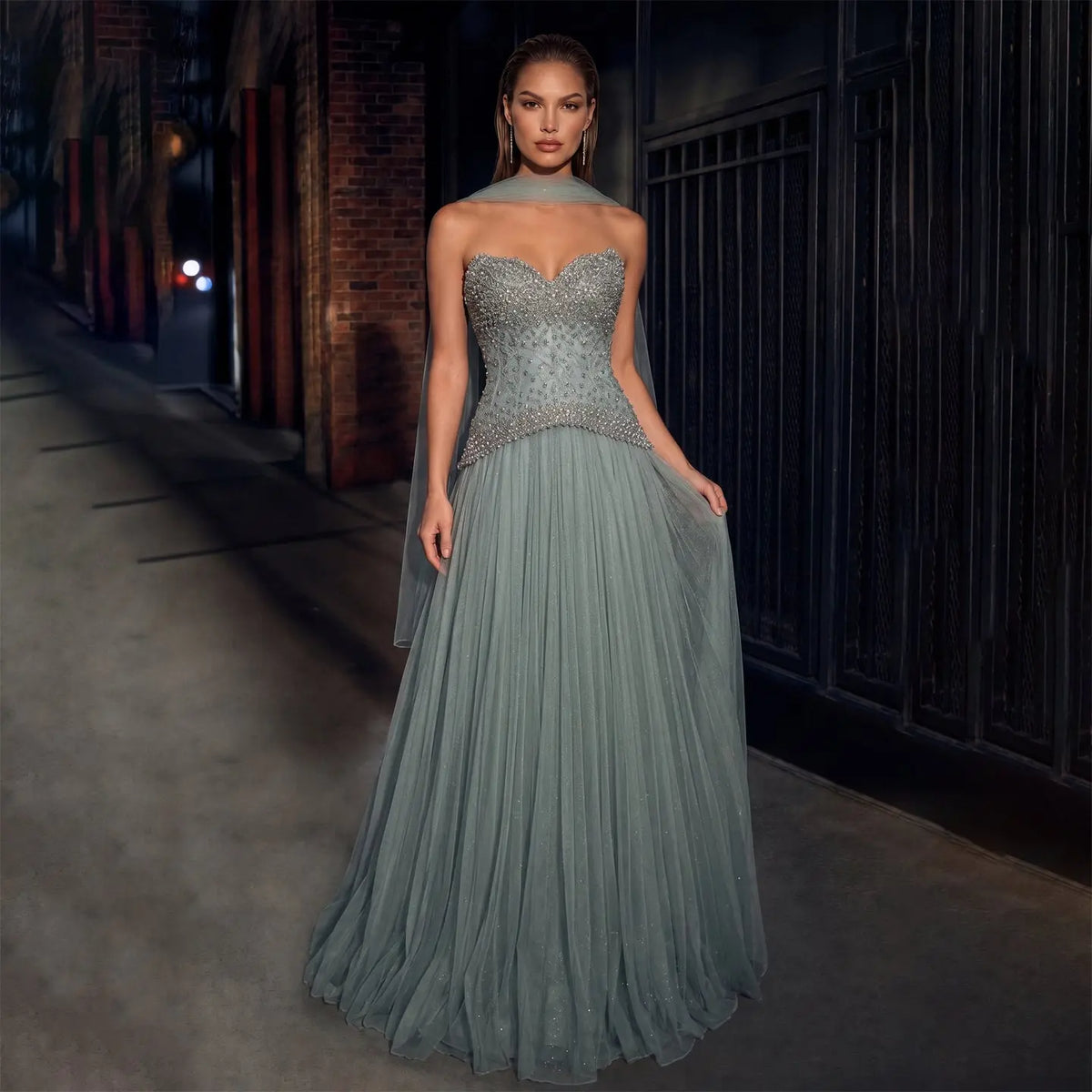 Luxury Sage Green Beaded A-Line Evening Dress with Scarf SS299