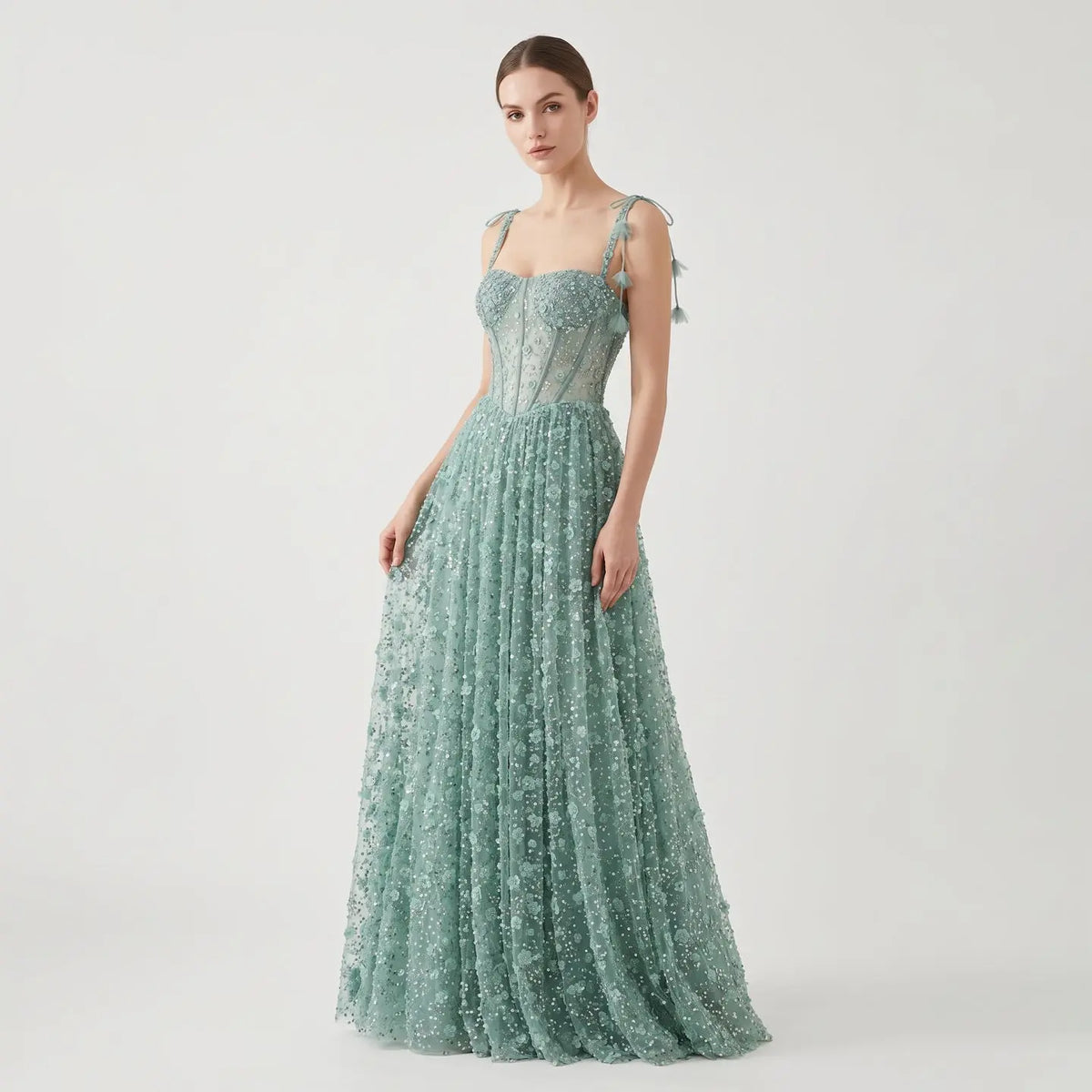 Delicate Pink 3D Floral Spaghetti Evening Dress SS701