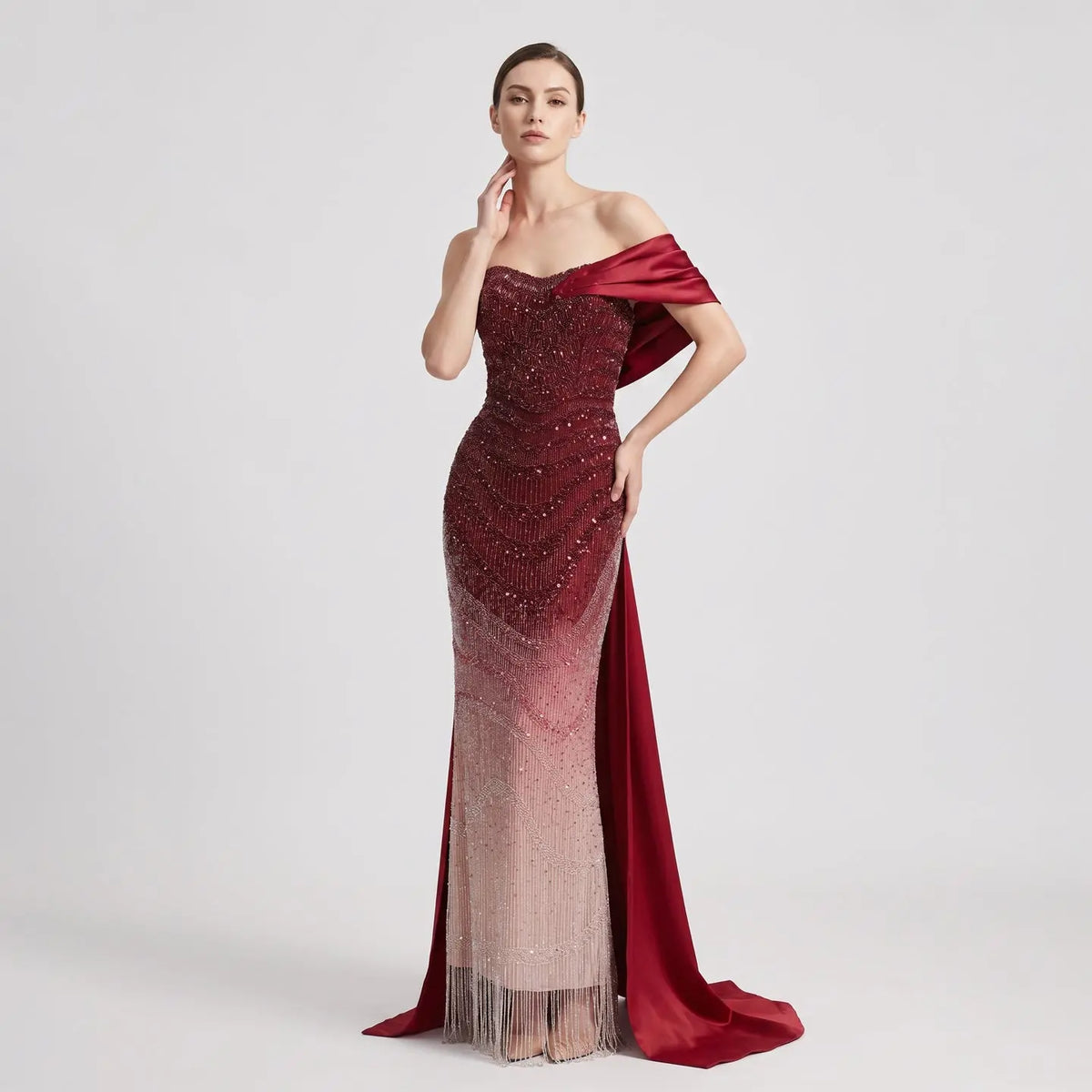 Luxury Burgundy Beaded Ombre Off-Shoulder Mermaid Evening Dress with Cap SS530