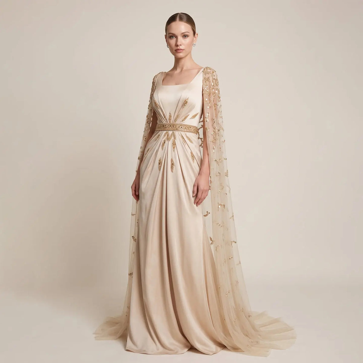 Champagne Square Neck Beaded Evening Dress SS213