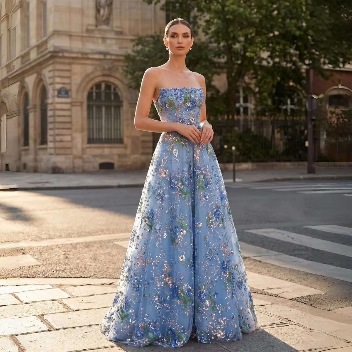 Elegant Blue A-Line Evening Dress with All-Over Sparkle SS460