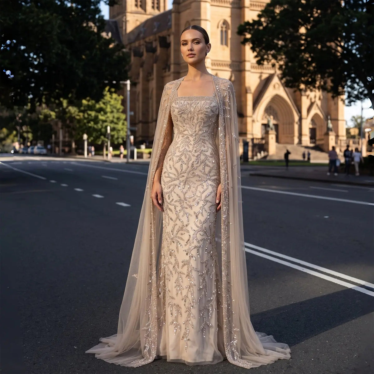 Elegant Champagne Beaded Evening Gown Cape SS393-1