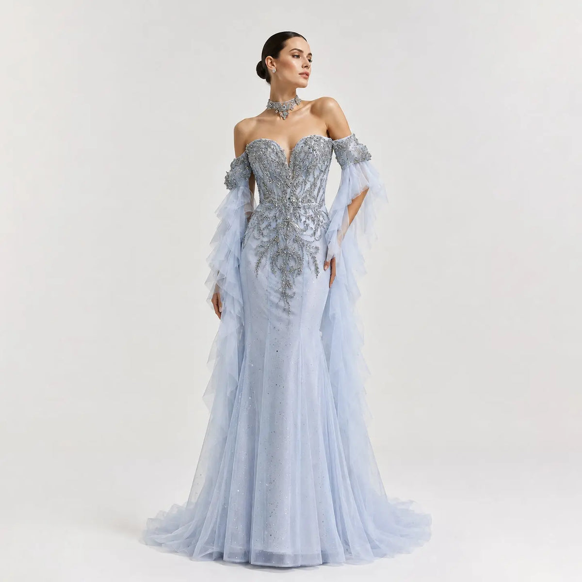 Luxury Blue Beaded Tulle Evening Dress with Flowing Sleeves SS723