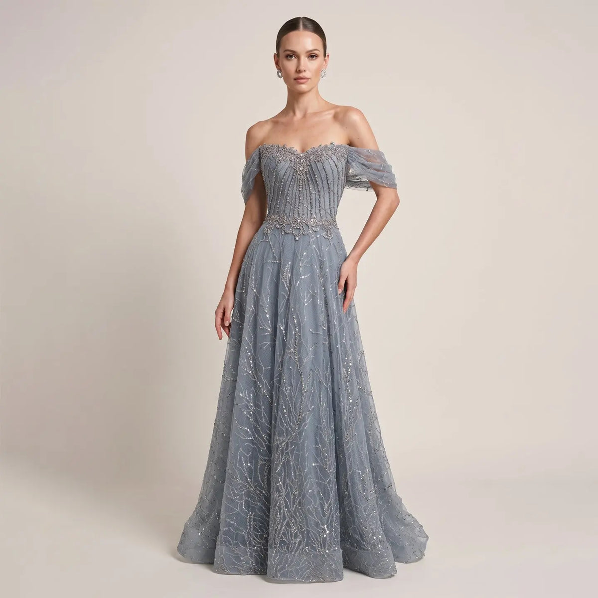 Luxury Gray Beaded Crystal Short Sleeve Tulle Evening Dress SS725