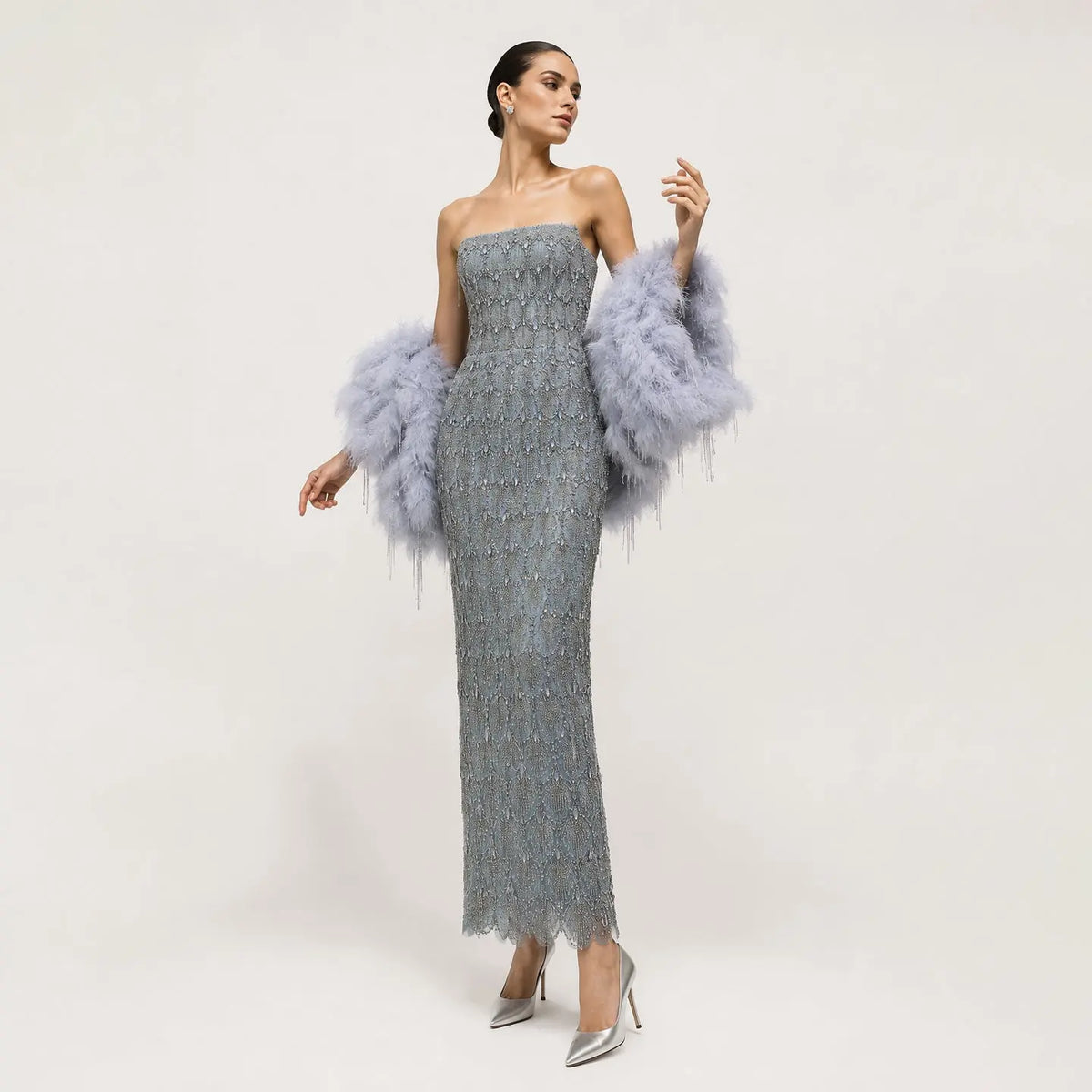 Luxury Silver Gray Beaded Feather Sleeve Fitted Long Evening Dress with Cape SS729