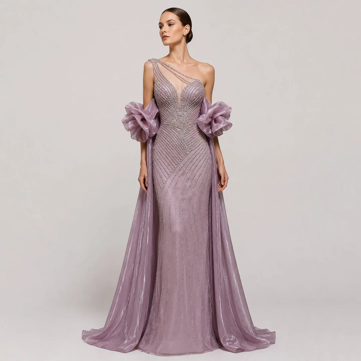 Luxury Dusty Pink Beaded One-Shoulder Fitted Evening Dress with Cape SS016