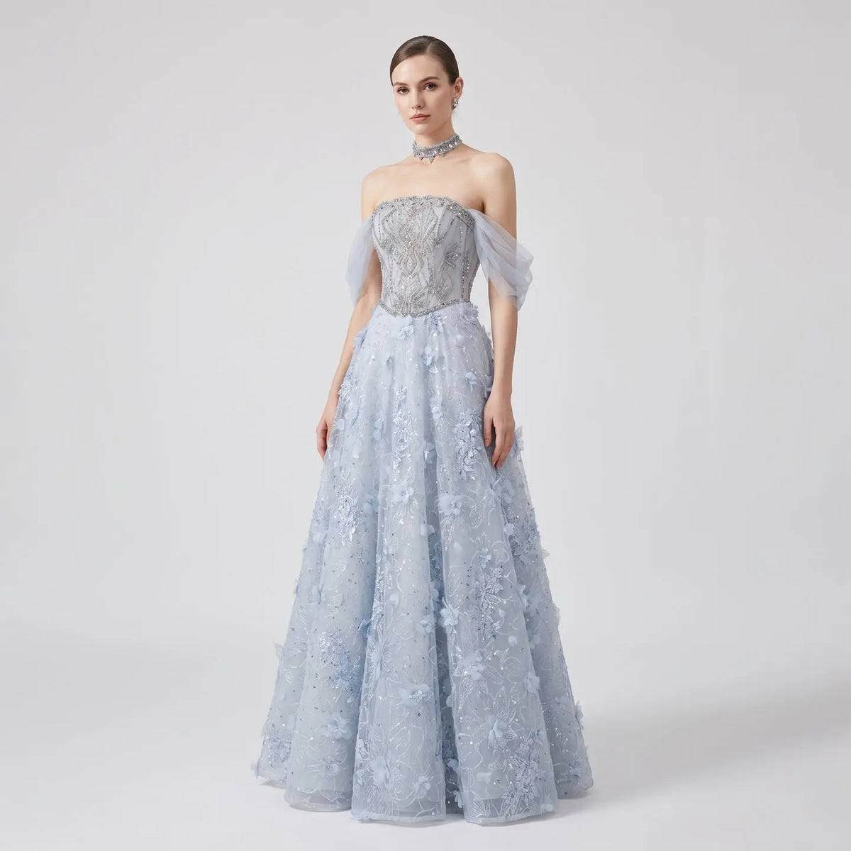 Luxury Blue 3D Floral Beaded Ball Gown Evening Dress with Overskirt SS745