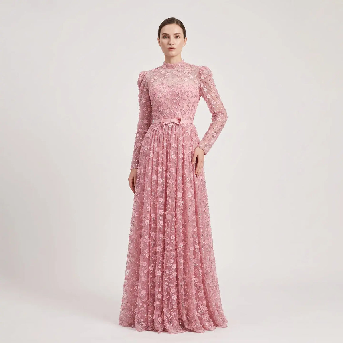 Luxury Delicate Pink 3D Floral Evening Dress with ruffles SS700
