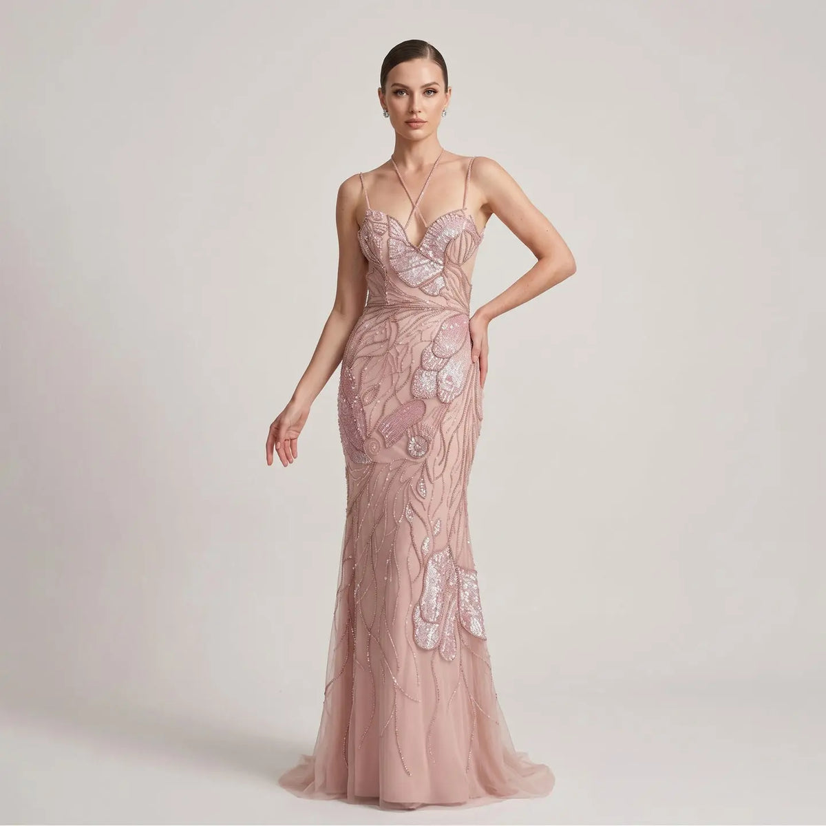 Luxury Pink Evening Dress with Feathers Scarf SS478