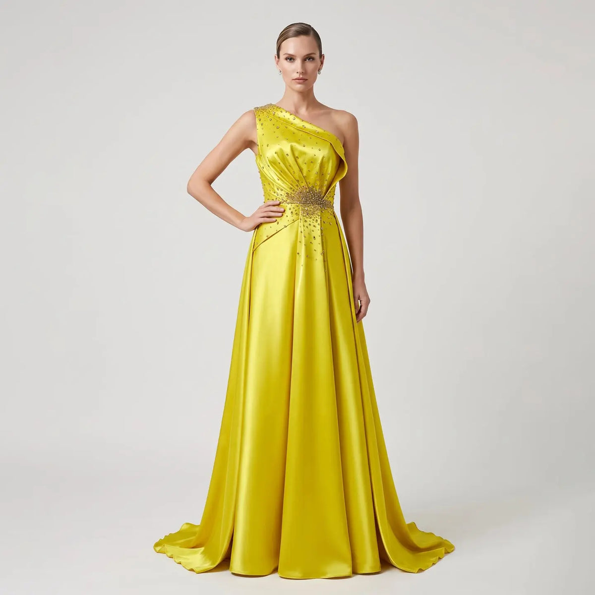Vibrant Crystal Sequin Yellow Satin Evening Dress with Overskirt XD049