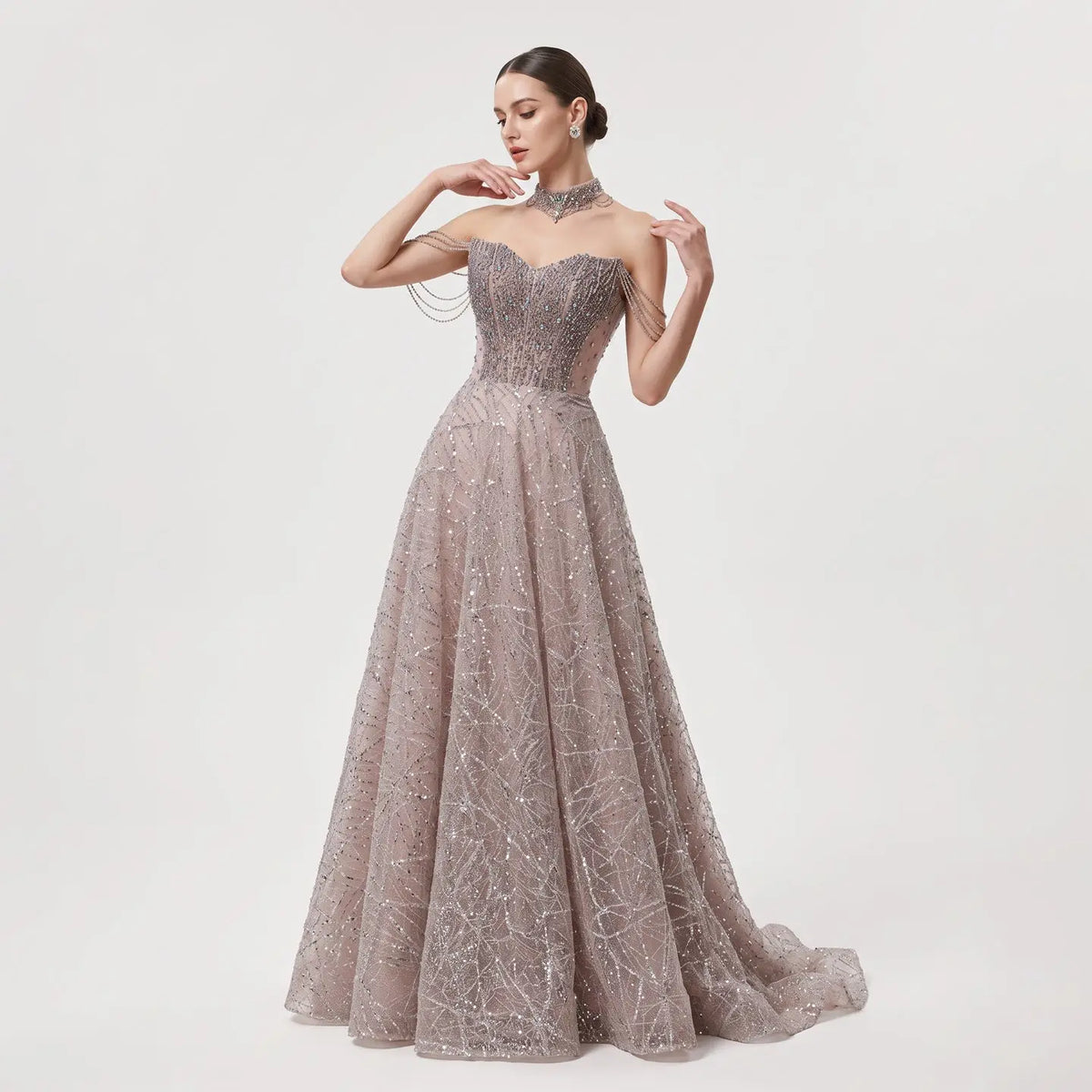 Luxury Pink Full Rhinestone Sequin Strapless Fitted Long Evening Dress SS744