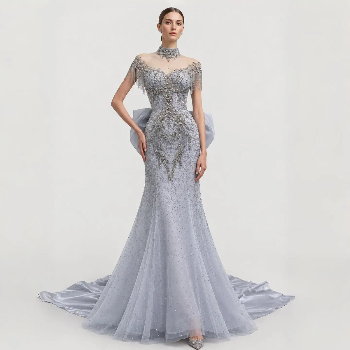 Luxury Silver Gray Beaded Train Evening Dress with Bow Tie and Necklace SS722