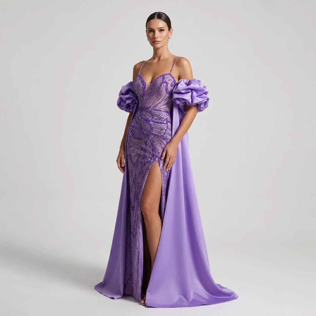 Luxury Lilac Beaded Cape High-Slit Evening Dress with Cap Sleeve SS157