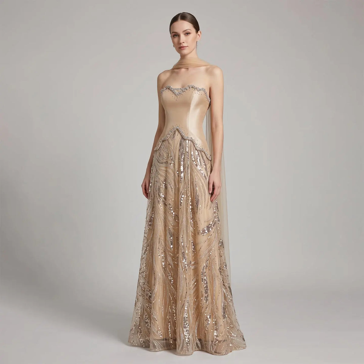 Elegant Champagne Beaded Sequin Evening Dress with Scarf SS132