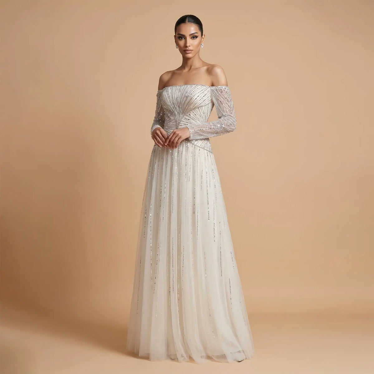 Elegant Beige Off-the-Shoulder Beaded Tulle Evening Dress SS507