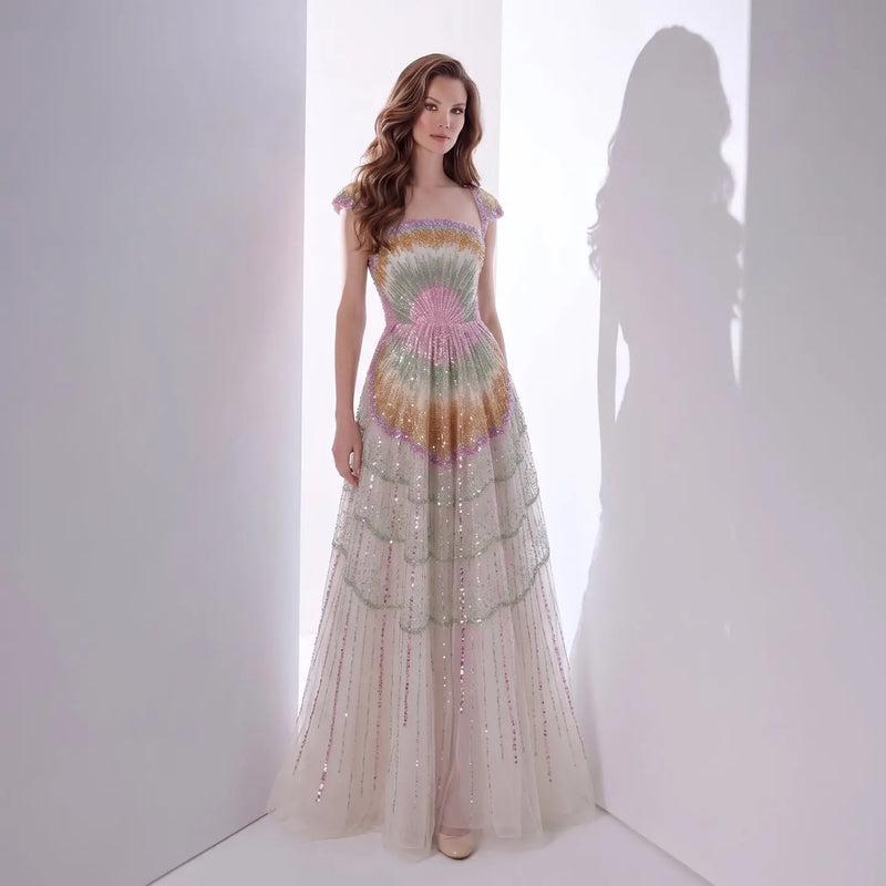 Luxury Ombre Beaded Shell Ball Gown Evening Dress with Cap SS296