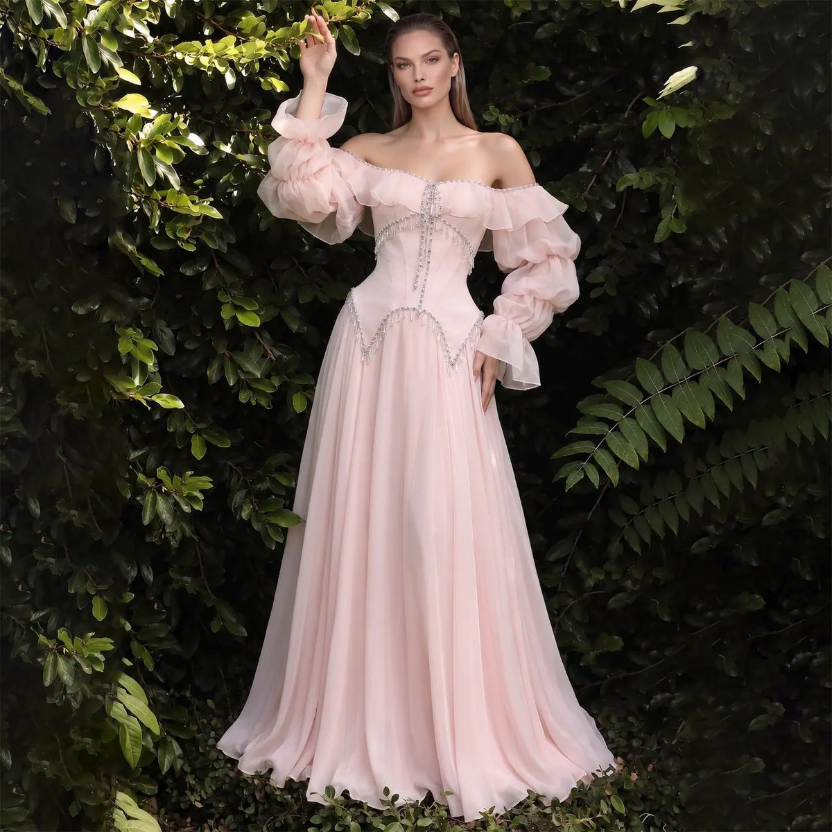 Pearl Pink Off Shoulder Chiffon Evening Dress SS412