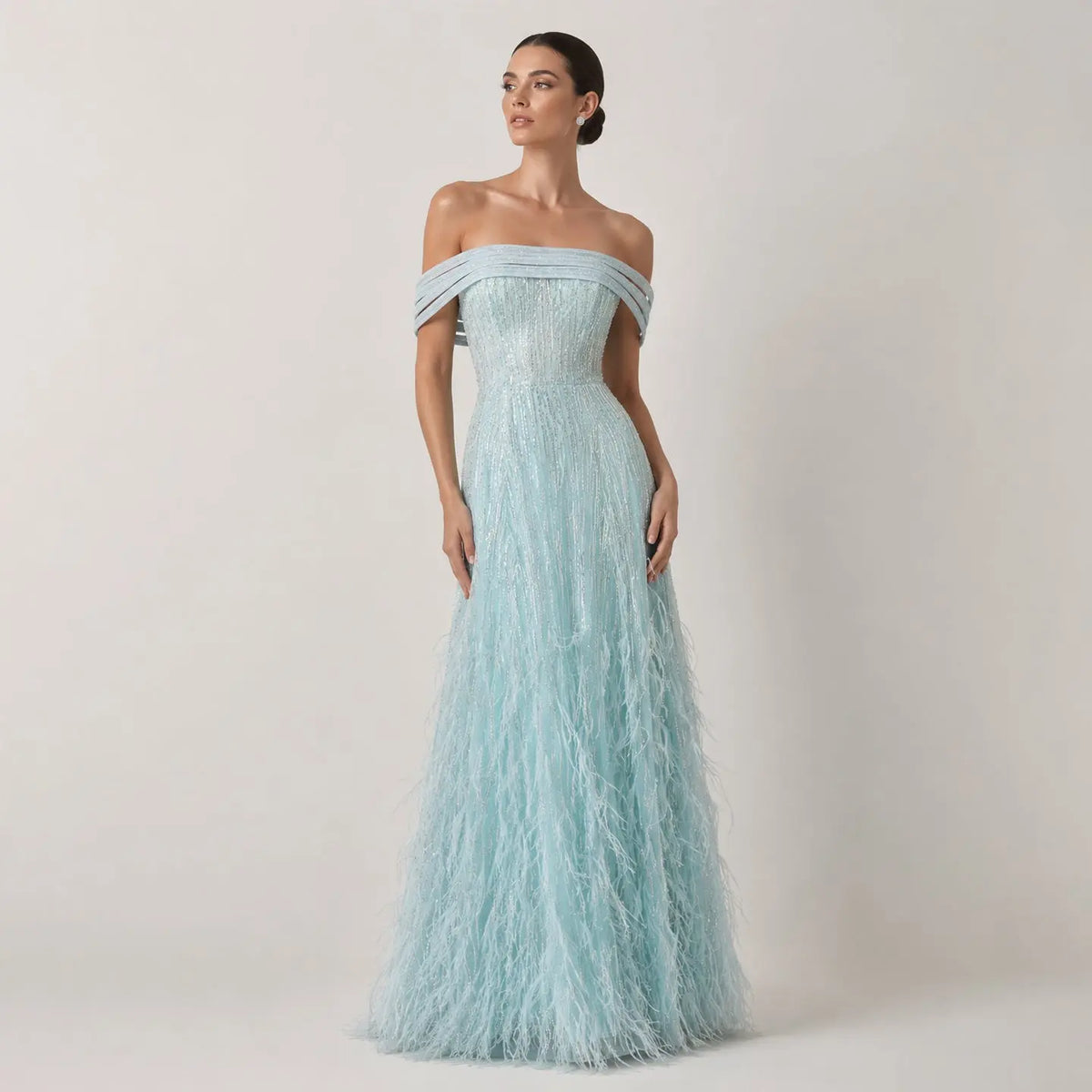Luxury Feathers Aqua Off Shoulder Evening Dress SS435-1