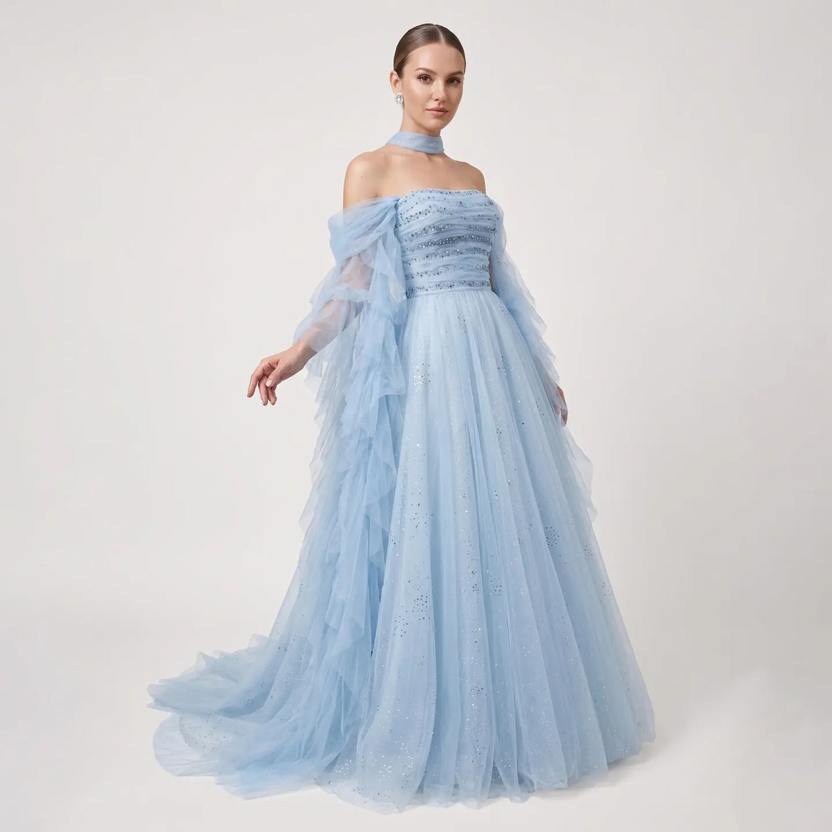 Luxury Blue Flowy Cape Beaded Waist Ball Gown Evening Dress SS737