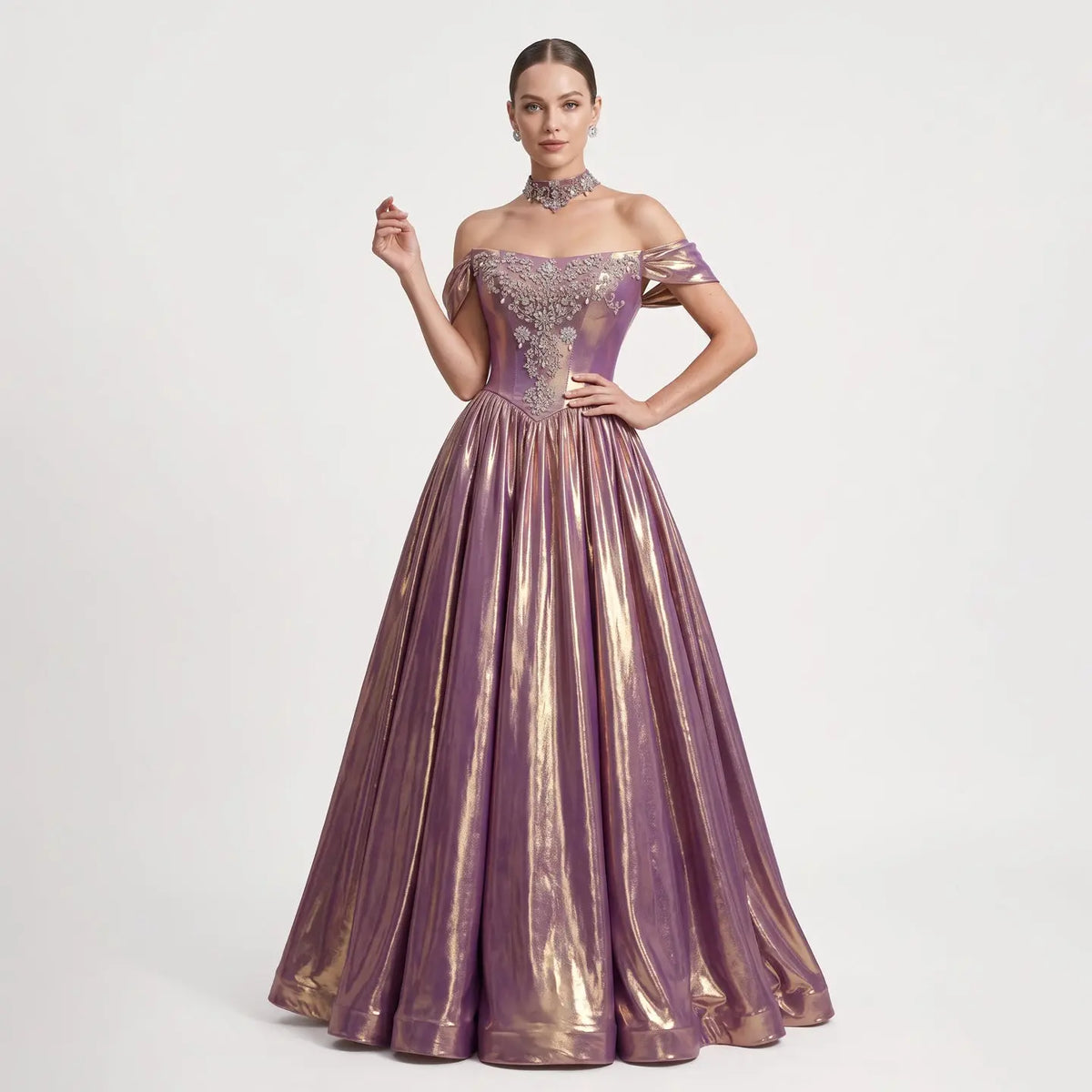 Luxury Rose Gold Gradient Satin Ball Gown Evening Dress with Necklace SS743