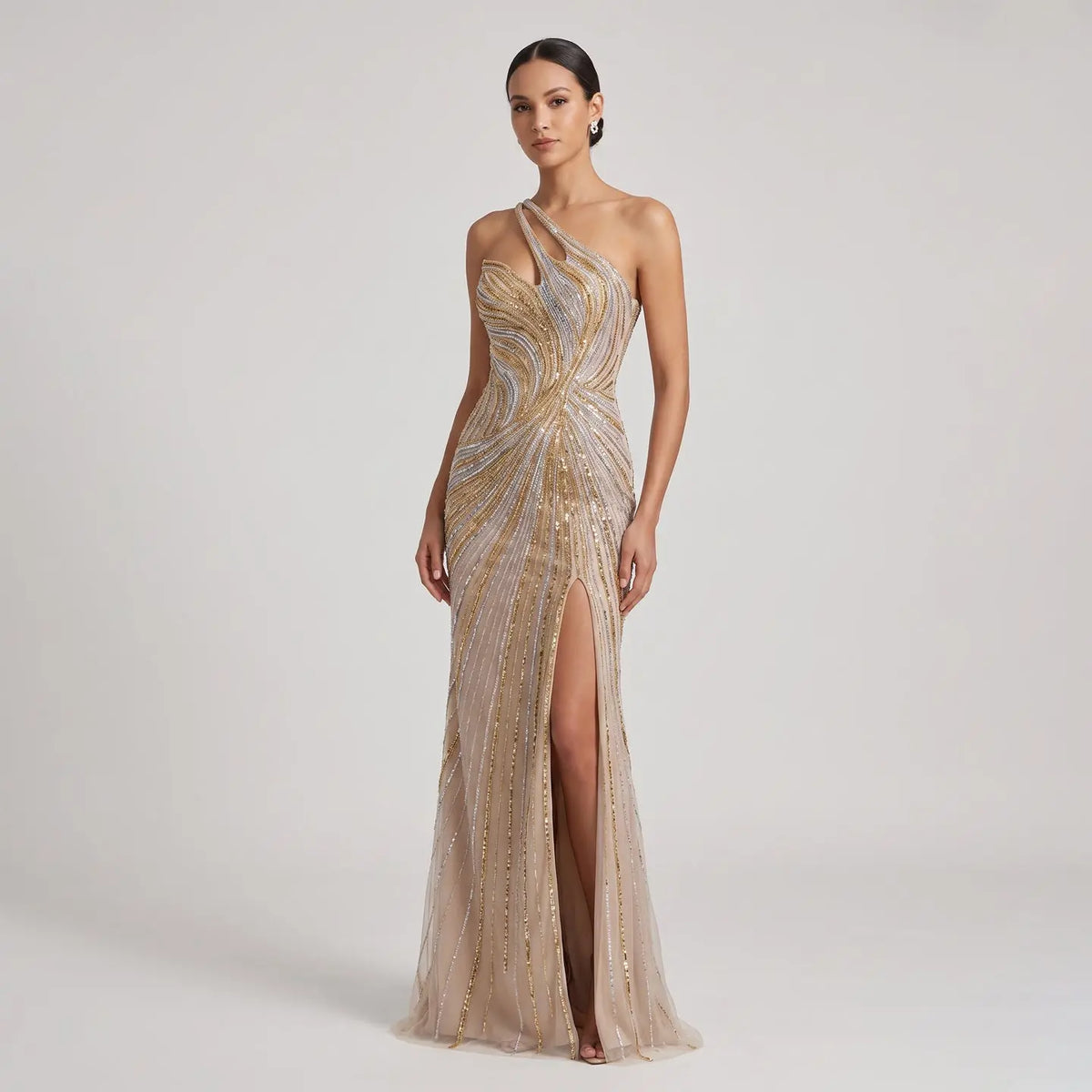 Elegant Gold One-Shoulder Beaded High Slit Mermaid Evening Dress SS153