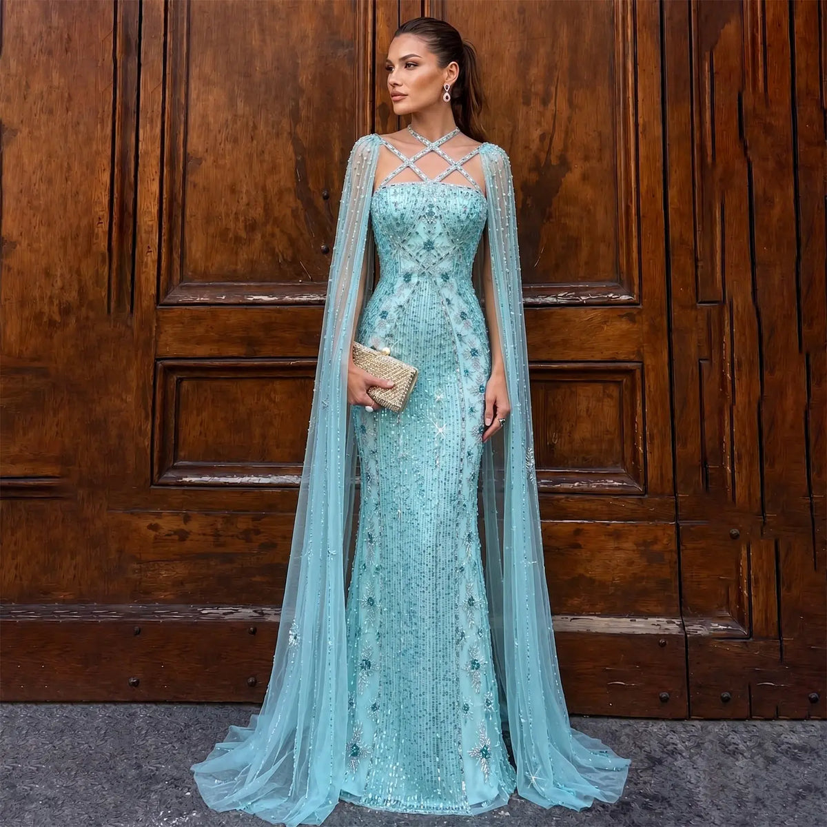 Luxury Aqua Crisscross Evening Dress with Cape Sleeves SS391