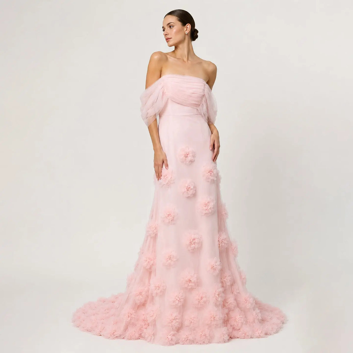 Elegant Pink 3D Flowers Off Shoulder Evening dress SF383