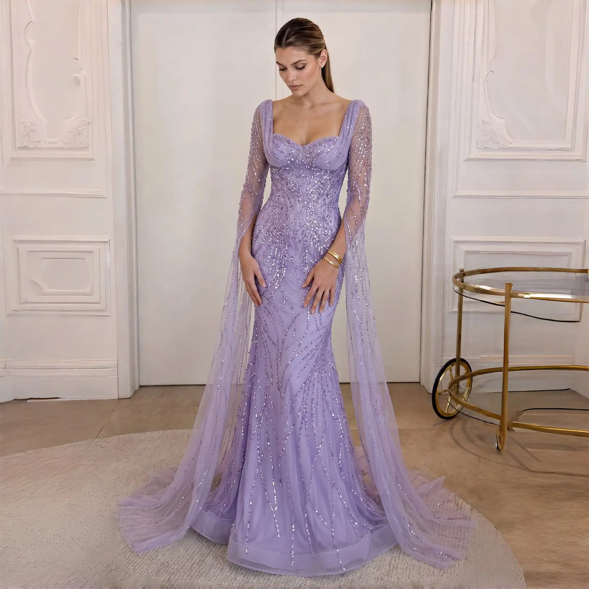 Luxury Lilac Mermaid Evening Dress with Cape Sleeves SS237