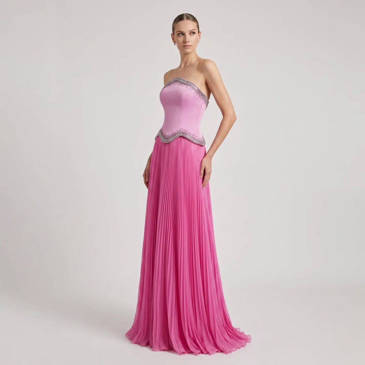 Romantic Pink Strapless Beaded Chiffon Evening Dress SS789